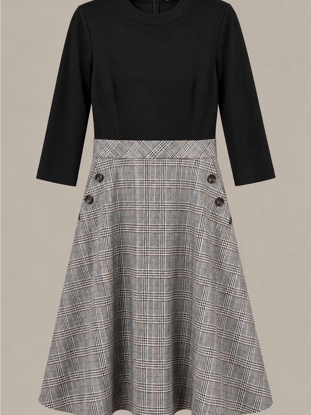 Studio One Black Bodice Gray Plaid Fit-and-Flare Dress